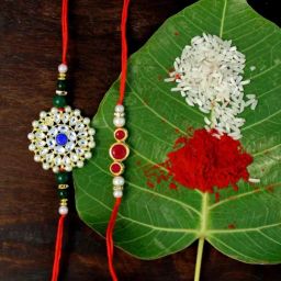 Karatcart Gold-Plated Kundan Rakhi with Roli Chawal & Greeting Card for Brother - Set of 2-41