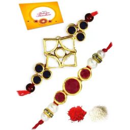 Karatcart Gold-Plated Kundan Rakhi with Roli Chawal & Greeting Card for Brother - Set of 2-24