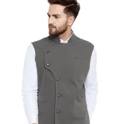 Hypernation Grey Slim Fit Mandarin Collar Cotton Waistcoat-22