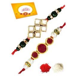 Karatcart Gold-Plated Kundan Rakhi with Roli Chawal & Greeting Card for Brother - Set of 2-13