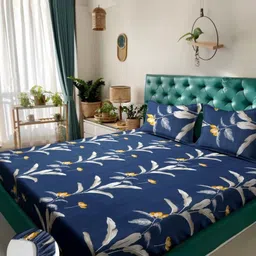 Arrabi Blue & Pink Floral 300 TC King Bedsheet with 2 Pillow Covers-image-70