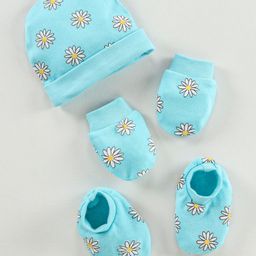 Babyhug 100% Cotton Cap Mittens & Booties Floral Print - Blue-image-89