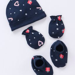 Babyhug 100% Cotton Cap Mittens & Booties Set Christmas Theme Print - Navy-image-42