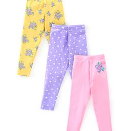 Babyhug Cotton Lycra Full Length Leggings Floral  Print Pack of 3 - Pink Yellow & Purple-image-93