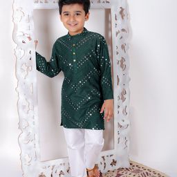 Superminis Full Sleeves Chevron Designed Thread Work Embroidered & Mirror Wok Embellished Kurta & Pyjama Set - Dark Green-image-90