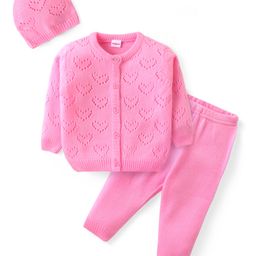 Babyhug Knitted Full Sleeves Front Open Sweater Set With Heart Design & Cap - Pink-image-98