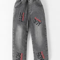 Kookie Kids Full Length Washed Denim Jeans with Text Print - Black-picture-21