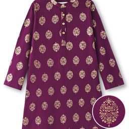 EARTHY TOUCH Cotton Knit Full Sleeves Floral PrintedKurta with Mandarin Collar- Purple-image-2