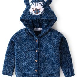 Babyoye Knit Full Sleeves Hooded Front Open Sweater with Tiger Patch - Navy Blue-image-22