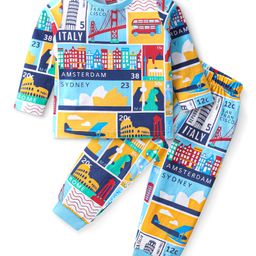Babyhug Cotton Knit Full Sleeves Night Suit with Vehicle & Text Print - Multicolour-picture-4