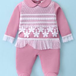 ToffyHouse 100% Cotton Knit Full Sleeves Footed Peter Pan Collared Romper with Floral Embroidery - Dark Pink-15