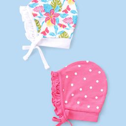 Babyhug 100% Cotton Cap with Floral & Polka Dots Print Pack of 2 - Pink & White-22