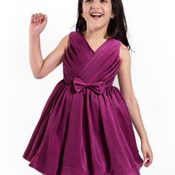 Babyhug Woven Sleeveless Solid Colour Party Dress With Bow Applique - Wine-picture-20