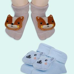 Baby Moo Pack of 2 Cotton Teddy & Fox Applique Detailed Anti Skid Socks - Blue  & Rose Gold-image-21