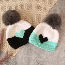 Woonie Pack Of 2 Handknitted Heart Detailed Colour Blocked Caps - White-image-78