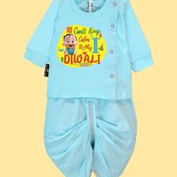 The Peppy Tend Diwali Theme 100% Cotton Full Sleeves Cant Keep Calm Its My First Diwali Text Printed Kurta & Dhoti Set - Blue-picture-22