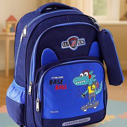 Dino Printed Backpack with Attached Pouch Navy Blue - Height 15 Inches-image-11