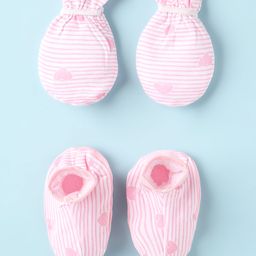 OHMS Interlock Knit Mittens & Booties Set with Hearts Print & Stripes - Pink-64