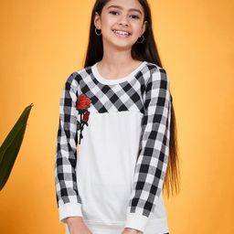Pspeaches Cotton Full Sleeves Checked Floral Embroidered Top - Black & White-picture-24