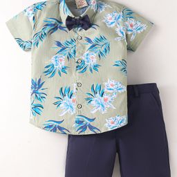 Rikidoos Half Sleeves Floral Printed Shirt With Shorts & Bow - Olive Green & Navy Blue-image-2