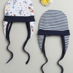 BUMZEE Cotton Pack Of 2 Striped & Space Theme Printed Tying Caps With Ear Flaps - Navy Blue & White-image-9