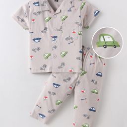 Evimo Single Jersey Knit Half Sleeves Co-ords Night Suit with Vehicle Print - Light Grey-image-36