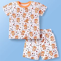 Doodle Poodle Single Jersey KnitHalf Sleeves Shorts Co-ord Night Suit With Roar & Animal Print - White-image-79