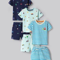 Bonfino 100% Cotton Knit Half Sleeves Shorts Co-ord Night Suit With Stripes & Vehicle PrintPack Of 3- Blue White & Navy Blue-image-48