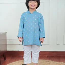 Polka Tots Cotton Full Sleeves Leaves Embroidered Kurta Pyjama Set - Blue-picture-32