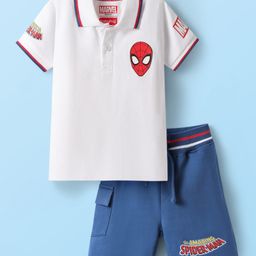 Babyhug Marvel Single Jersey Knit Half Sleeves Polo T-Shirt & Shorts Set With Spider-Man Graphics & HD Print Detailing - White & Blue-image-76