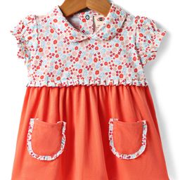 Zero Sinker Knit Half Sleeves Frock With Floral Print & Peter Pan Collar - Orange & White-picture-19