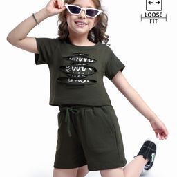 Ollington St. Cotton Half Sleeves Text Printed Top & Knit Shorts Set - Olive Green-image-38
