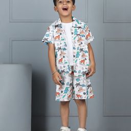 Aww Hunnie 100% Cotton Knit Half Sleeves Beach Theme Printed Shirt & Coordinating Shorts With Tee Set - White-image-36
