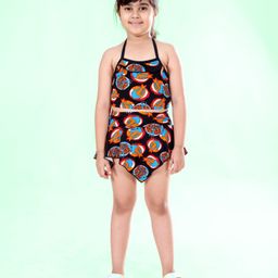 Kiddopanti Sleeveless Pomegranate Printed Coordinating Top & Asymmetrical Skirt Set - Black & Red-image-72