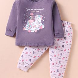 CUCUMBER Sinker Knit Full Sleeves Night Suit with Unicorn Print - Purple-image-85