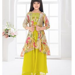 Tiny Kingdom Georgette Woven Three Fourth Sleeves Floral Embroidered & Mirror Work Detailed Top Palazzo With Jacket - Yellow-image-122