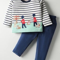 ToffyHouse Fleece Knit Full Sleeves Striped Winter Wear Sweatshirt & Lounge Pant Set with Puppy Embroidery - Navy Blue-picture-35