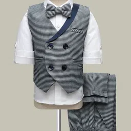 Robo Fry Cotton Woven Full Sleeves 3 Piece Party Suits with Bow & Houndstooth Pattern - Navy Blue-picture-30