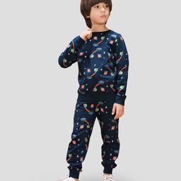 TRESNOVA Cotton Knit Full Sleeves Space Theme Printed Coordinating Antimicrobial Tee & Joggers Set - Navy Blue-image-79