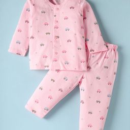 Zero Interlock Knit Full Sleeves Front Open Co-Ord Night Suit With Vehicle Print - Pink-picture-14