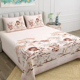 JAIPUR FABRIC Peach-Coloured & Brown Floral 180 TC King Bedsheet with 2 Pillow Covers-46