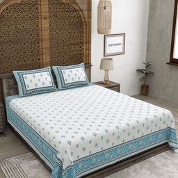 CLOTHOLOGY White & Blue Floral 180 TC King Bedsheet with 2 Pillow Covers-image-71