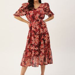 WISSTLER Red Floral Georgette Midi Dress-image-34