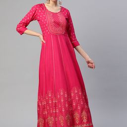 SheWill Women Pink Ethnic Motifs Foil Printed Gotta Patti A-Line Kurta-picture-3