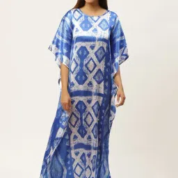 Cottinfab Satin White & Blue Printed Kaftan Night Dress-picture-25
