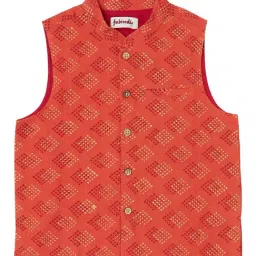 Fabindia Kids Orange Printed Nehru Jacket-image-42