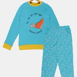 Kiddopanti Kids Aqua Blue Printed Full Sleeves T-Shirt with Pyjamas-image-71