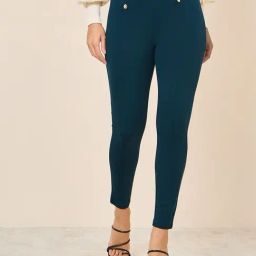 Styli Teal Blue 4 Way Stretch Front Button Detail Skinny Treggings-image-42