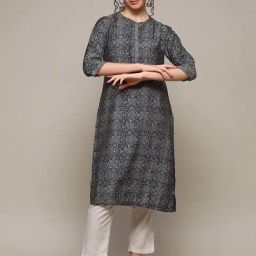Biba Blue Cotton Printed Straight Kurta-image-64