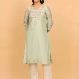 Folksong Women's Light Green Chikankari Kurta in Cotton Silk-picture-43